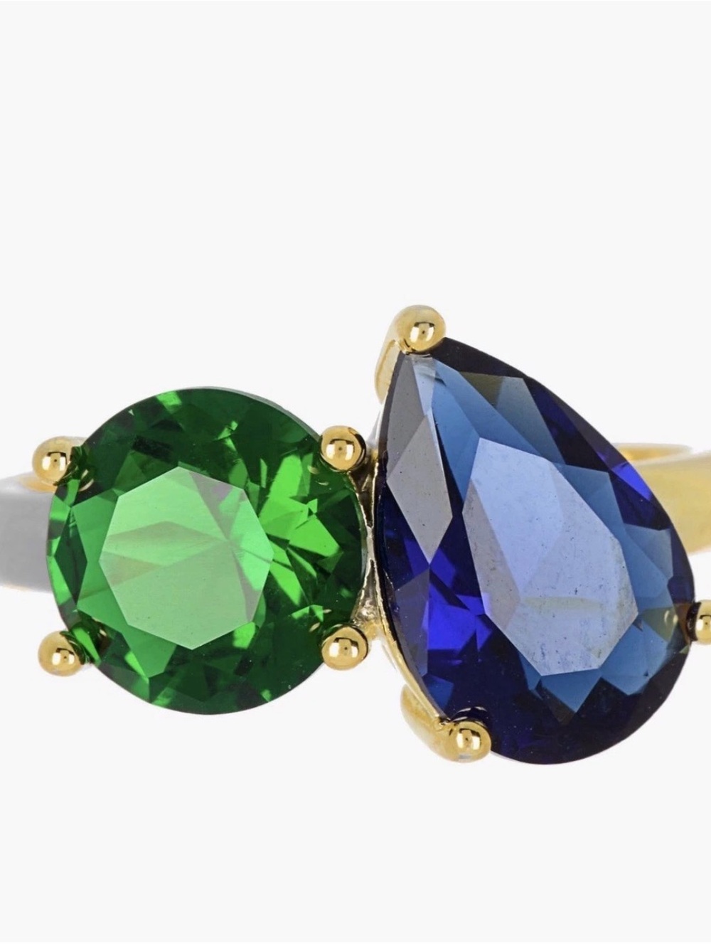 Gold Double Gemstone Ring with Green Round and Blue Pear Stones